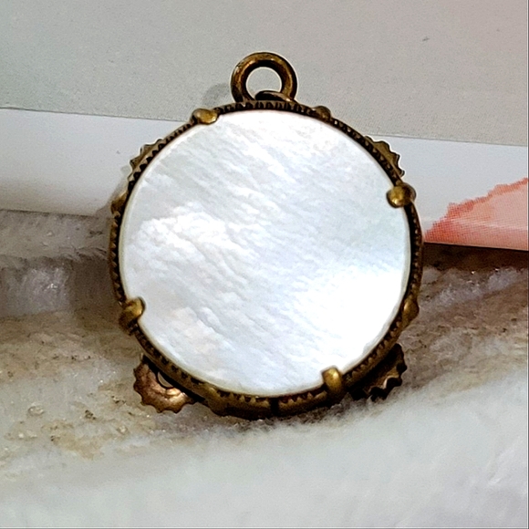 Antique 1800s Mother of Pearl Tambourine Pendant w/Moving Parts. ¾" - Picture 3 of 10